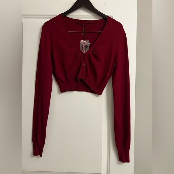 NWT Silvian Heach Deep Red Cropped Button Front Long Sleeve Cardigan Size XL - Picture 3 of 14